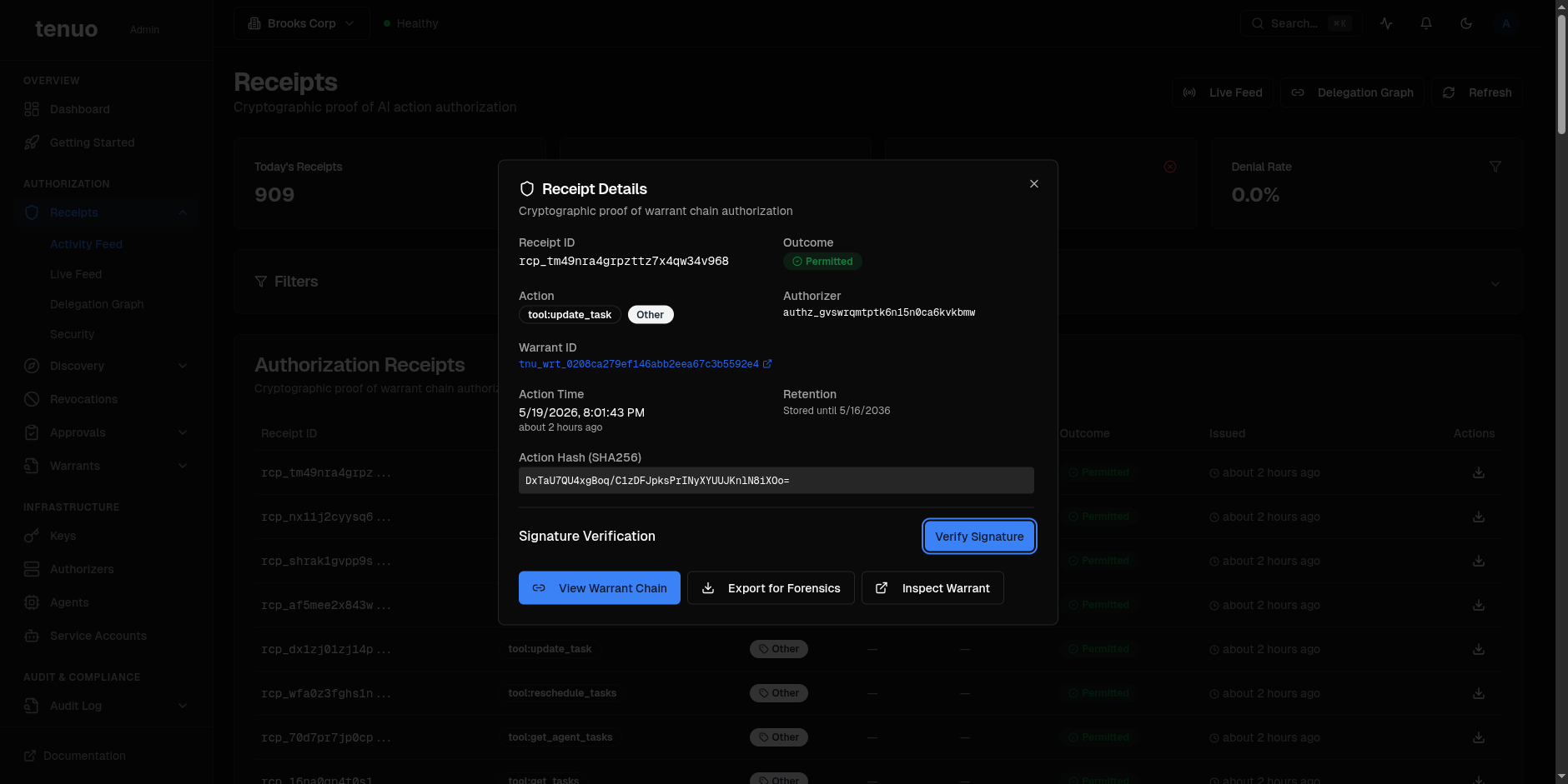 Tenuo Cloud receipt detail: a single permitted tool:update_task call. The receipt carries an ID, the action, outcome (Permitted), authorizer, warrant ID, retention window, action timestamp, SHA-256 action hash, and a Verify Signature button with affordances to view the warrant chain, export for forensics, or inspect the warrant.